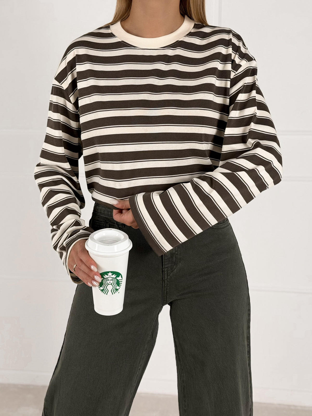 Moteriška medvilninė dryžuota palaidinė OWEN Chaki