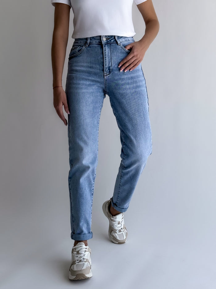 MOM STRETCH modelio moteriški džinsai aukštu juosmeniu MORTON Mėlyna