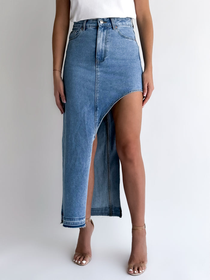 Moteriškas ilgas džinsinis sijonas su skeltuku SALVADOR