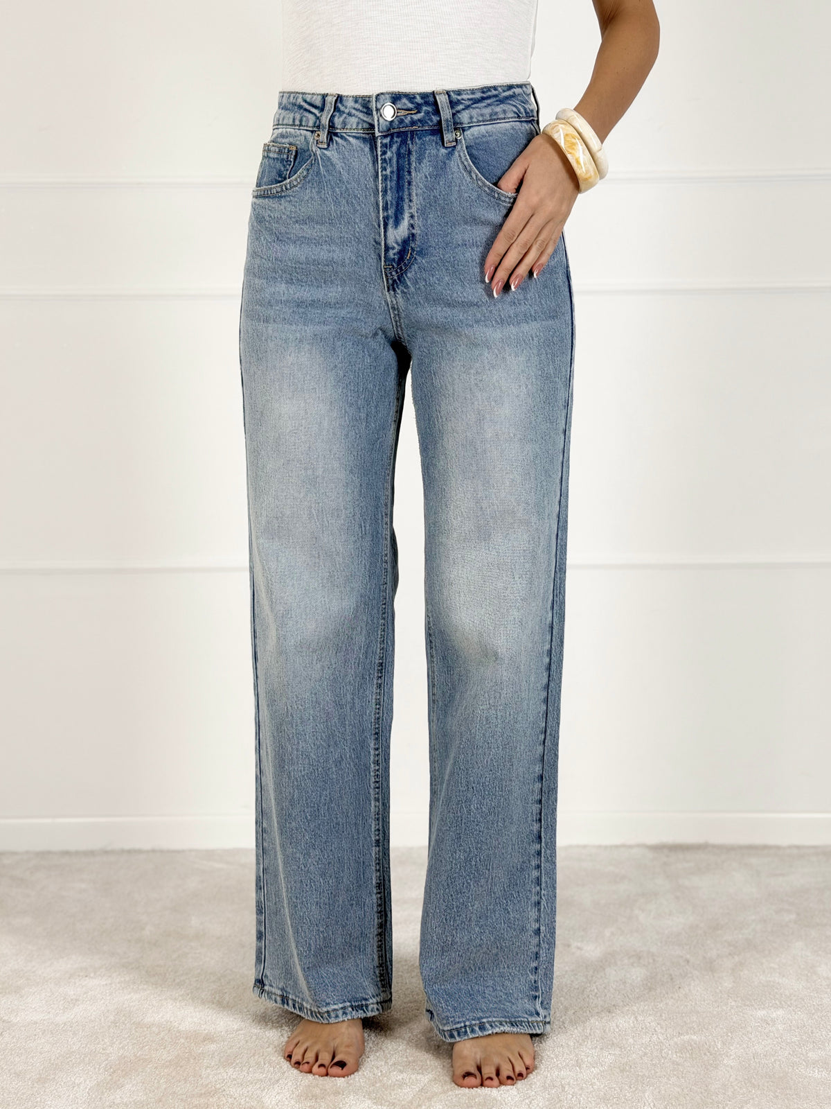 Platėjantys moteriški džinsai su siuvinėtomis gėlėmis LOIS Mėlyna