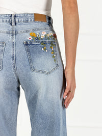 Platėjantys moteriški džinsai su siuvinėtomis gėlėmis LOIS Mėlyna