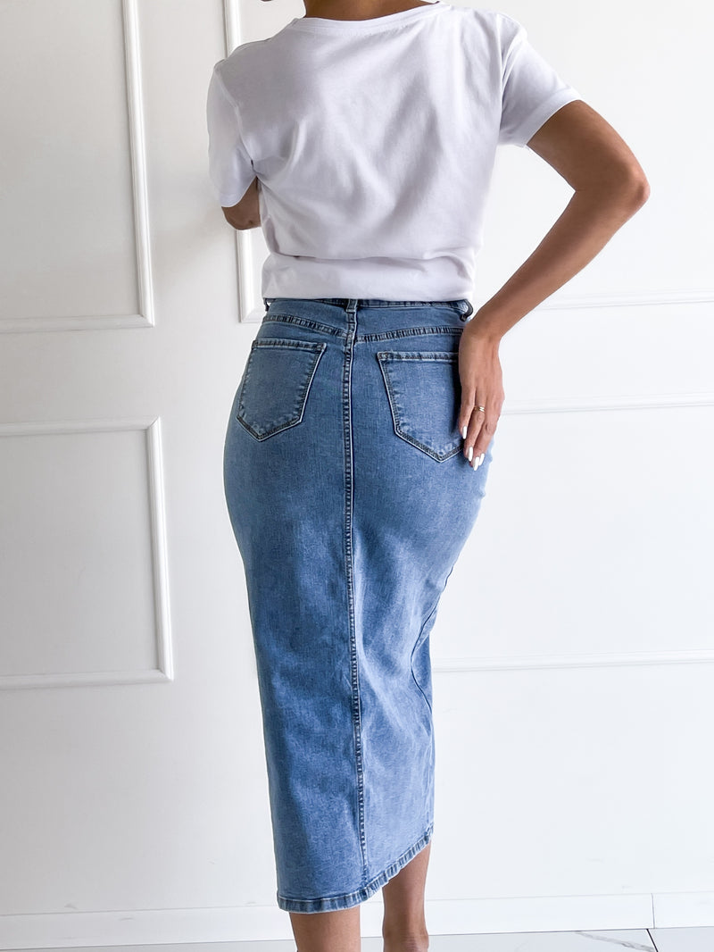 Moteriškas vidutinio ilgio džinsinis sijonas RUSH