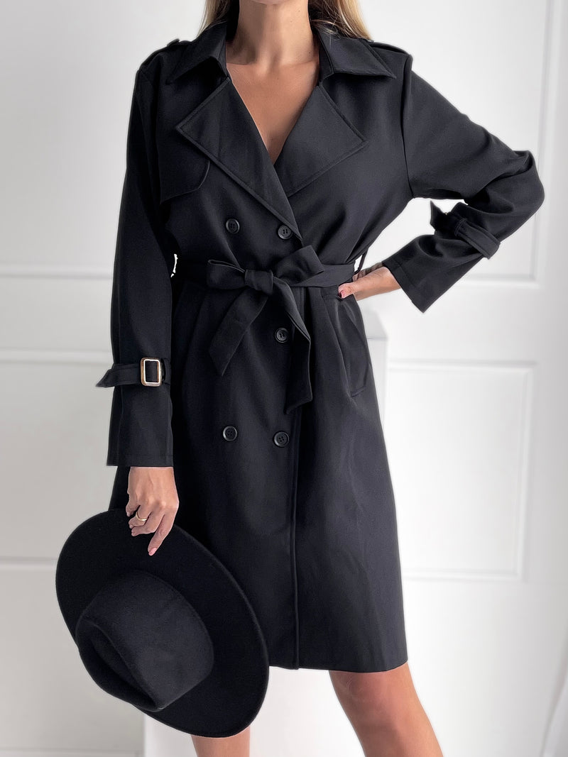 Moteriškas vidutinio ilgio rudeninis paltas su diržu COVE Juoda