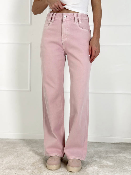 Platėjantys moteriški džinsai aukštu juosmeniu DARCY Rožinė