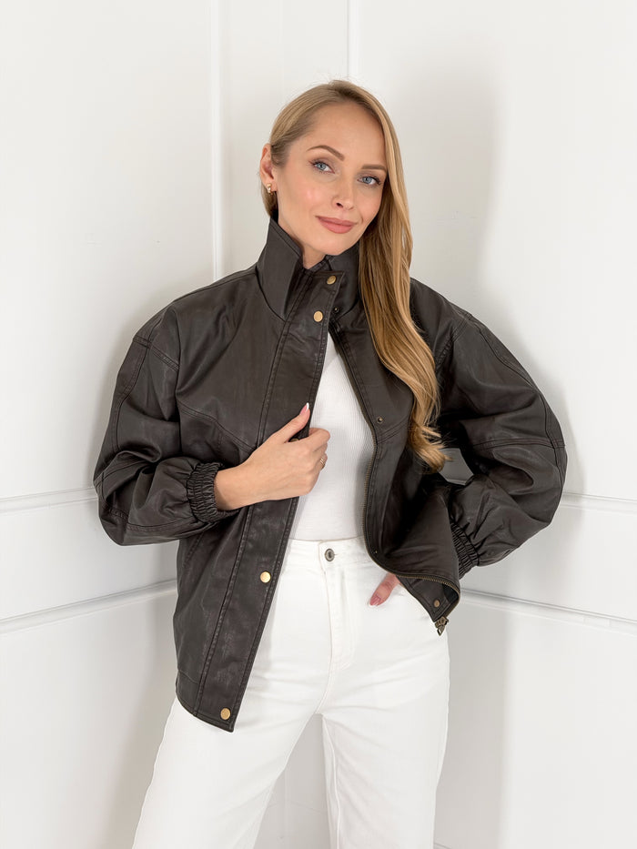 Moteriškas eko odos švarkas PAISLEY Tamsiai ruda