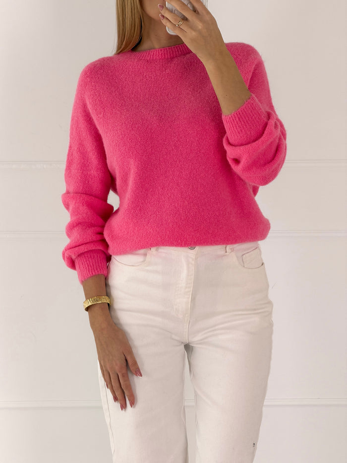 Moteriškas itališkas megztinis su baby alpakos vilna ADELINA Ryškiai rožinė