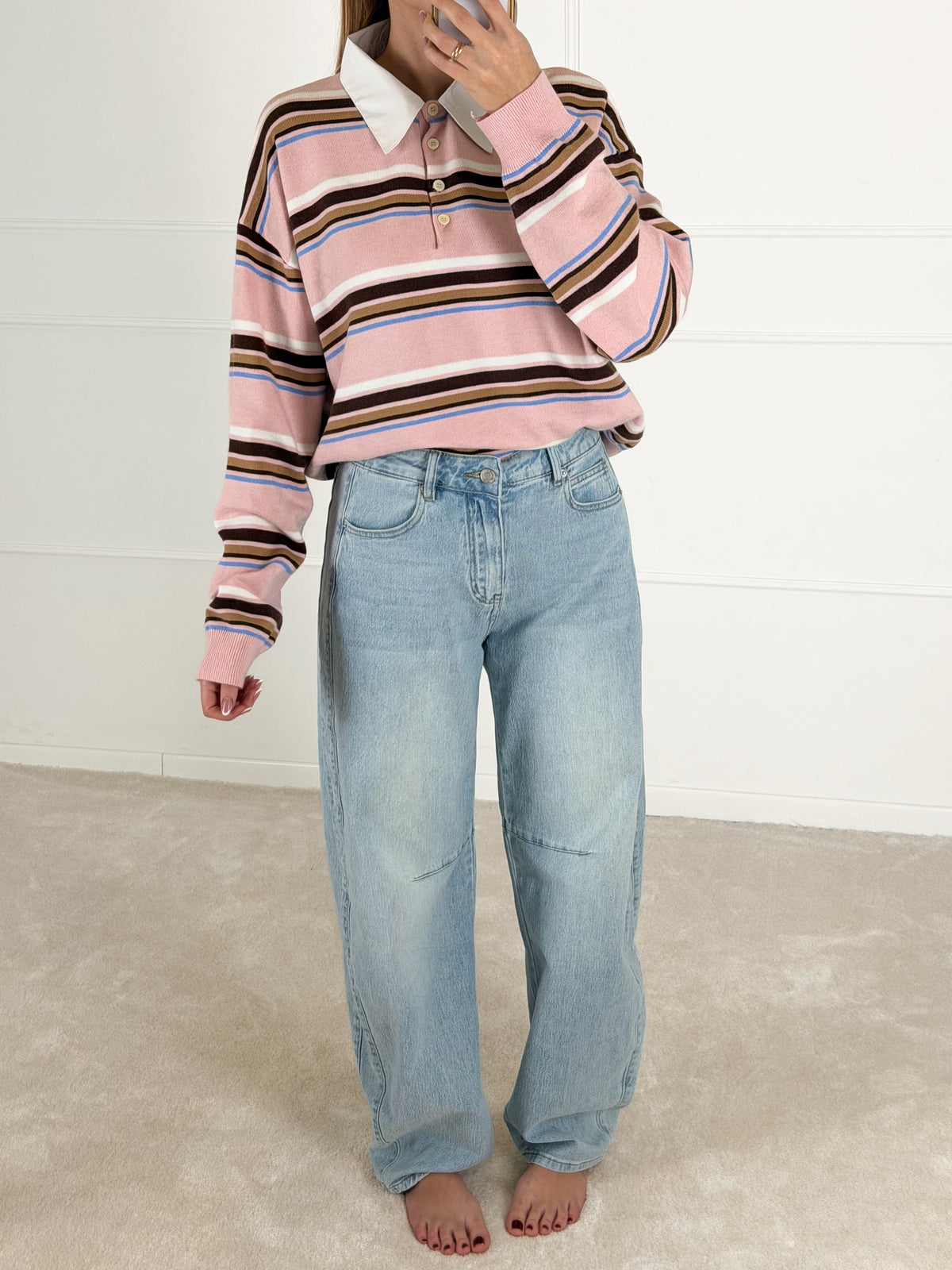 Moteriškas dryžuotas megztinis su vilna POLLY Rožinė