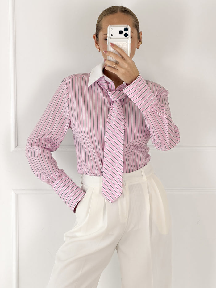 Moteriški medvilniniai marškiniai su kaklaraiščiu CHARLIE Rožinė