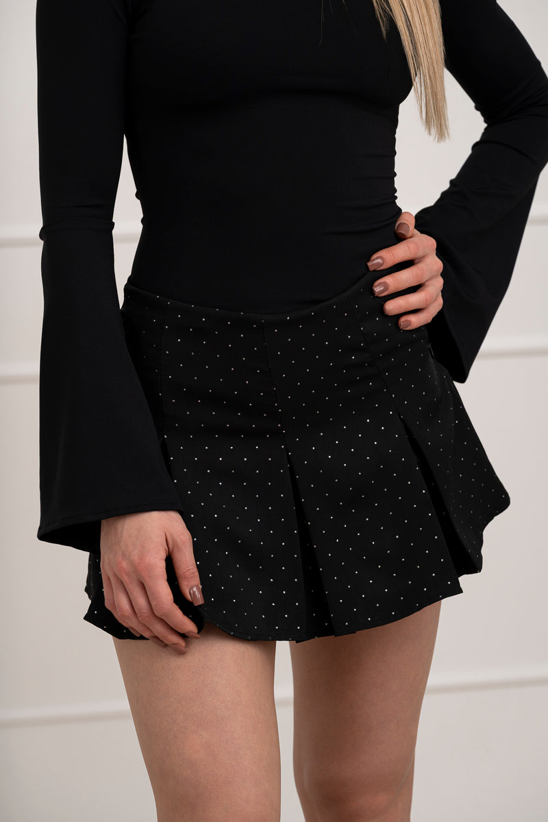 Moteriškas itališkas blizgus sijonas su šortais JOAN Juoda