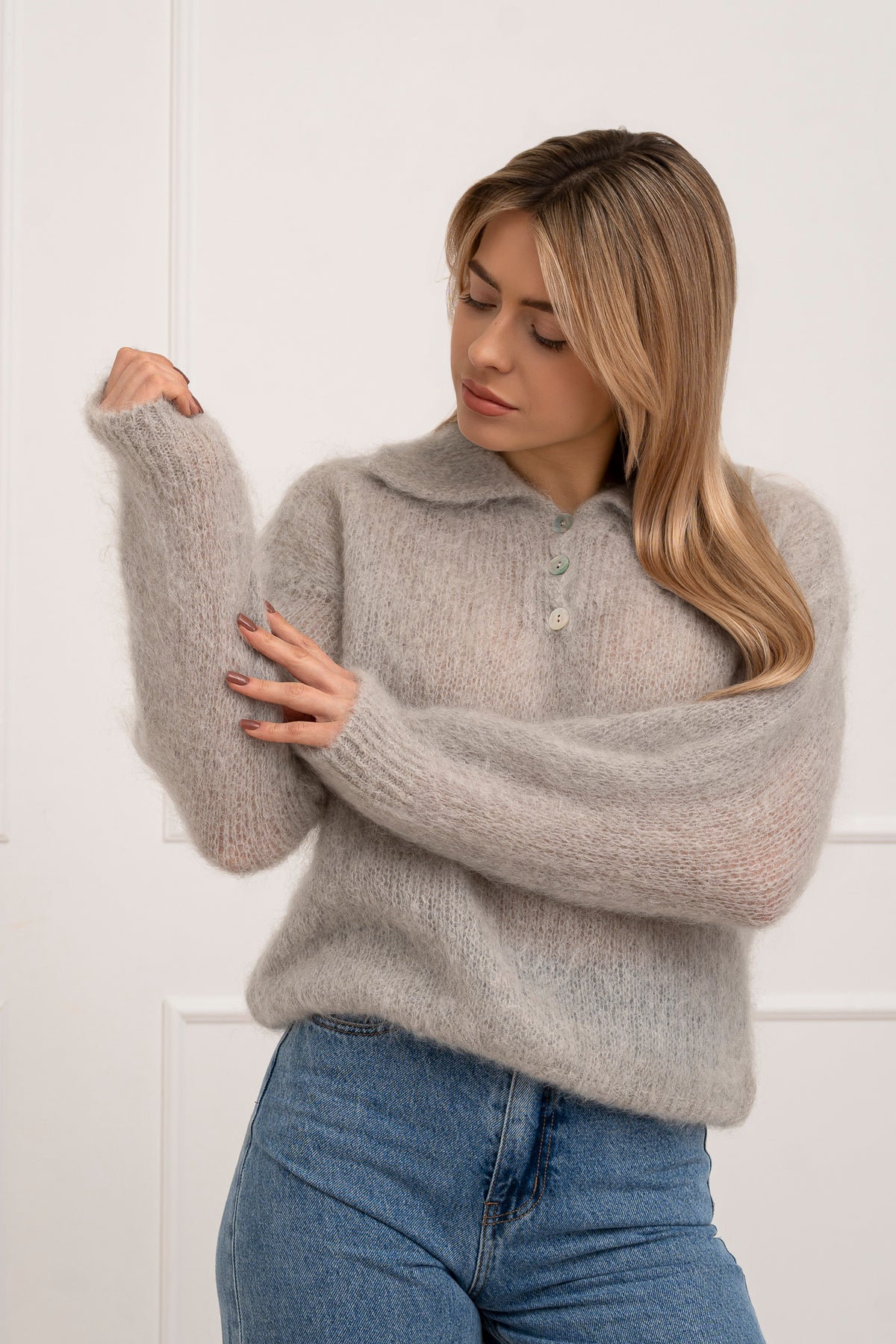 Moteriškas itališkas moheros vilnos megztinis RAYANA Pilka