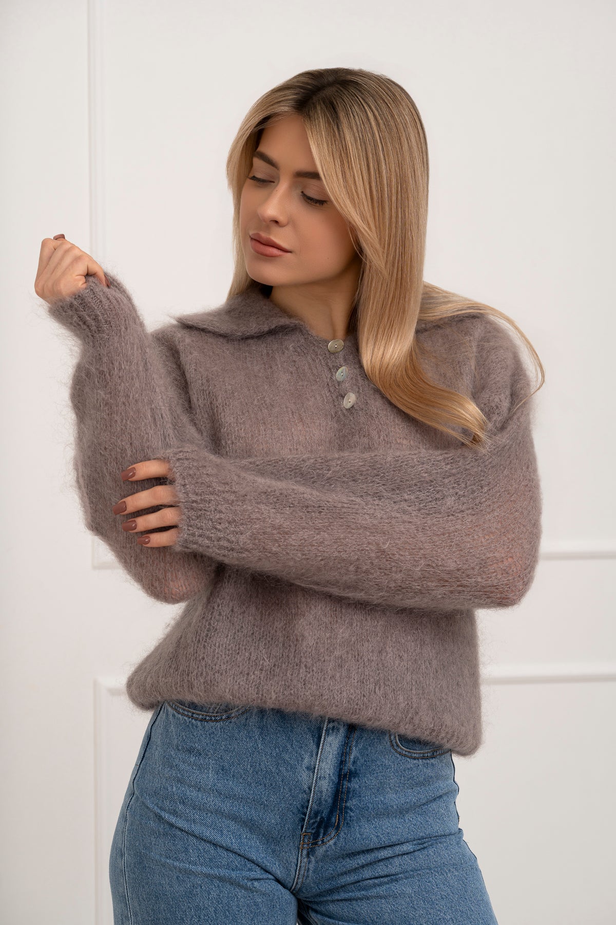 Moteriškas itališkas moheros vilnos megztinis RAYANA Kapučino