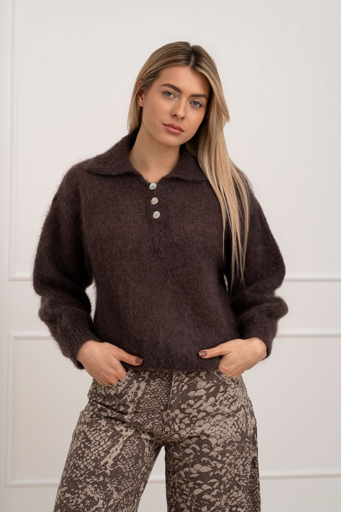 Moteriškas itališkas moheros vilnos megztinis RAYANA Tamsiai ruda