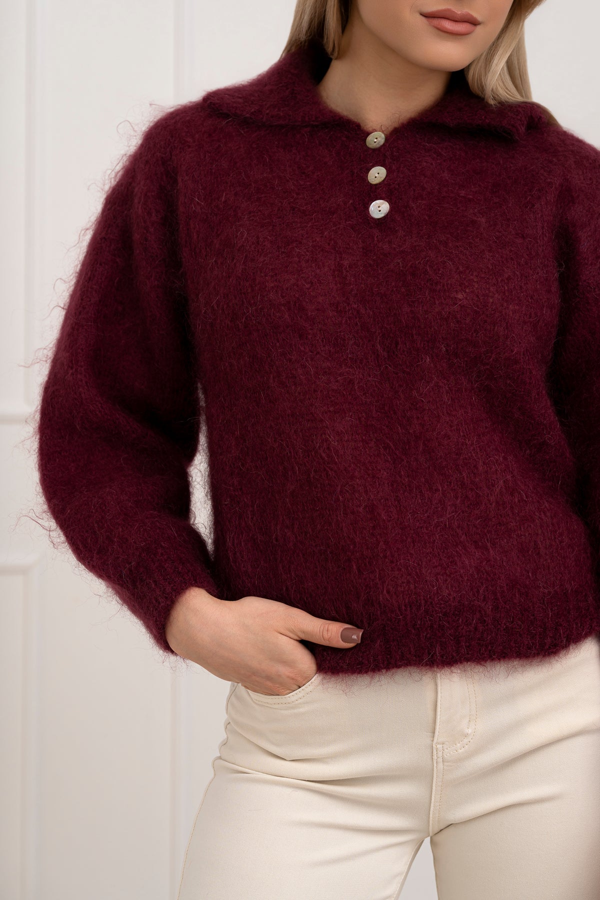 Moteriškas itališkas moheros vilnos megztinis RAYANA Bordo