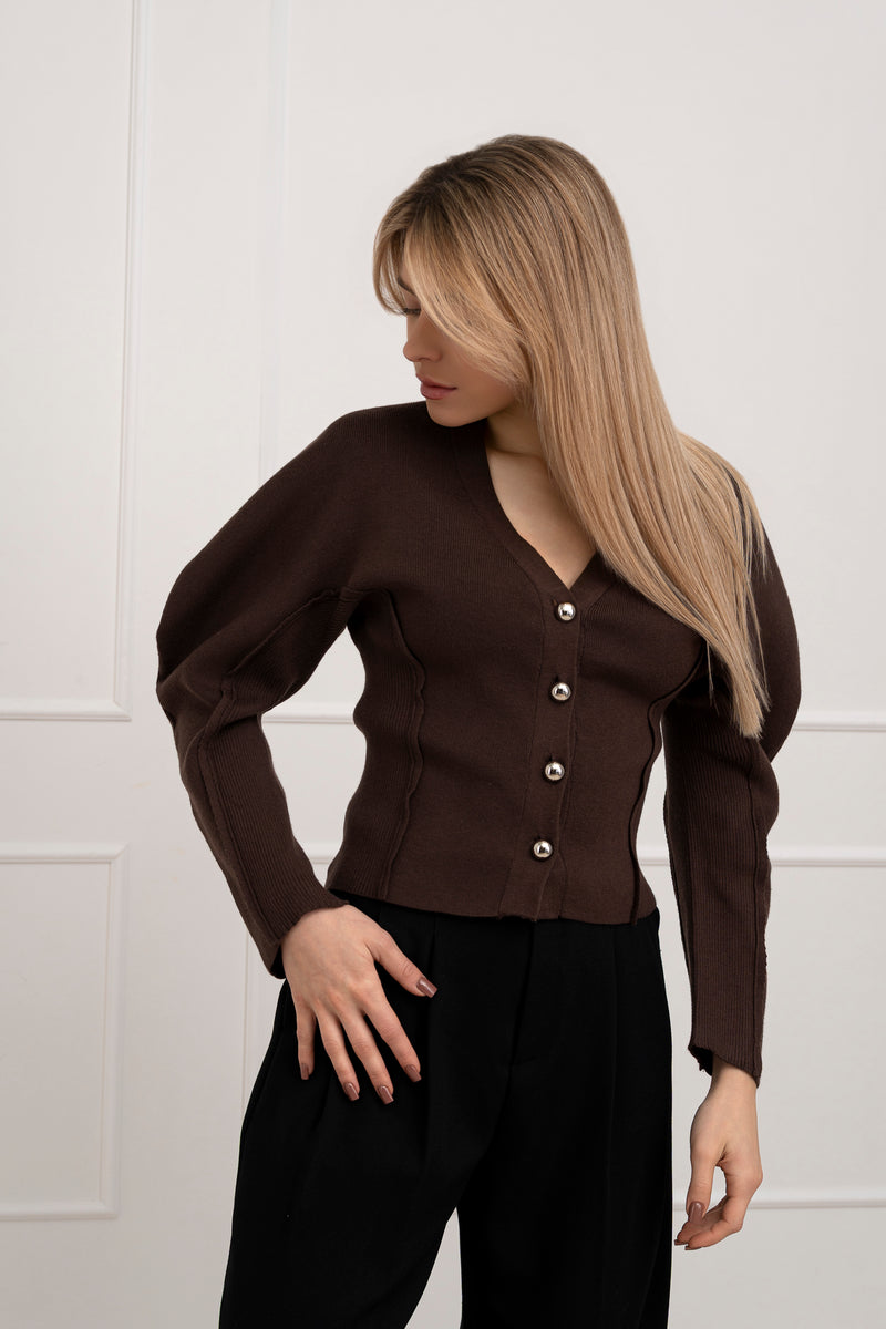 Moteriškas susagstomas megztinis CADENCE Tamsiai ruda