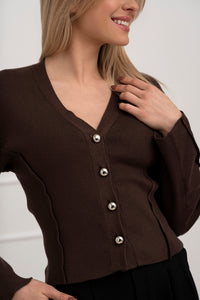 Moteriškas susagstomas megztinis CADENCE Tamsiai ruda