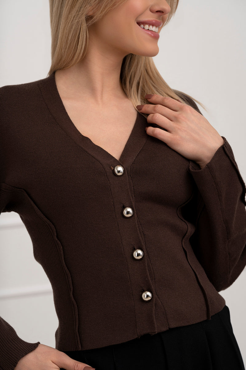 Moteriškas susagstomas megztinis CADENCE Tamsiai ruda