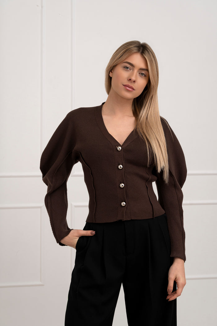 Moteriškas susagstomas megztinis CADENCE Tamsiai ruda