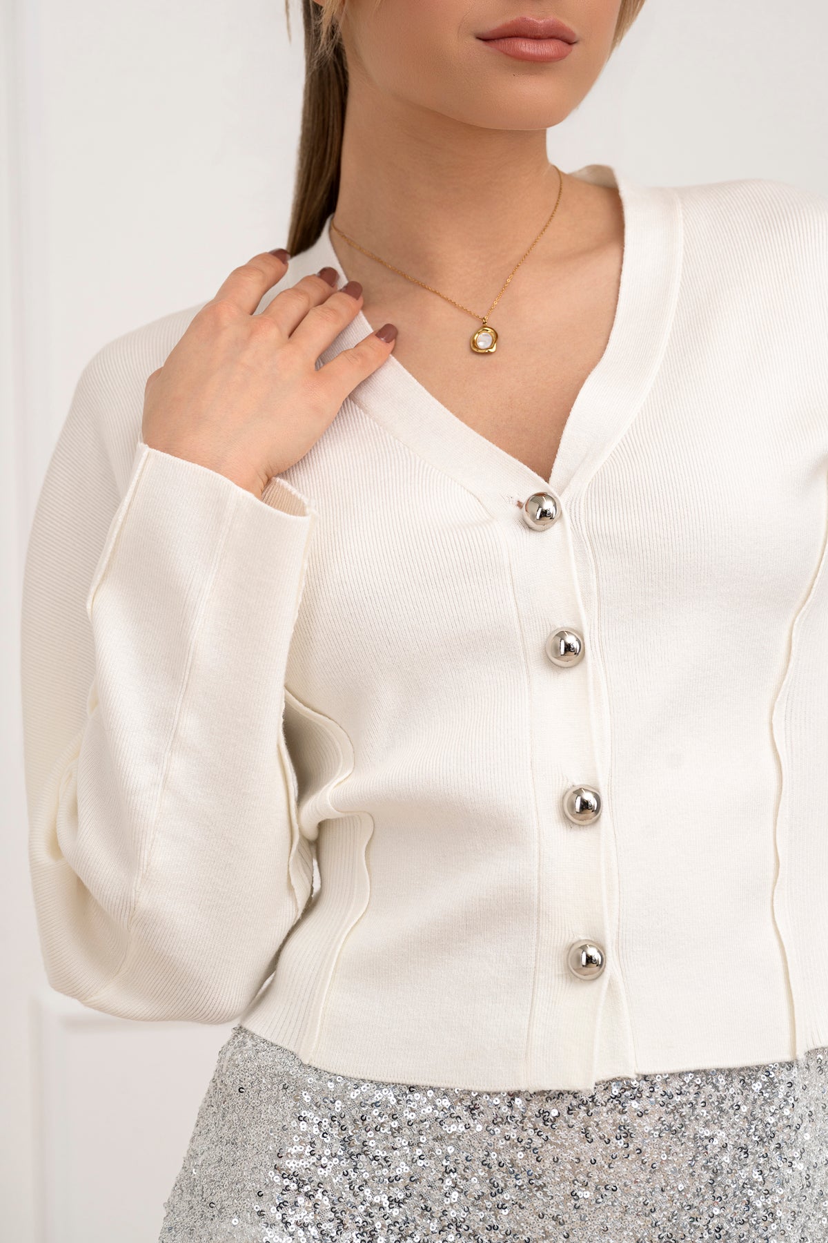 Moteriškas susagstomas megztinis CADENCE Balta