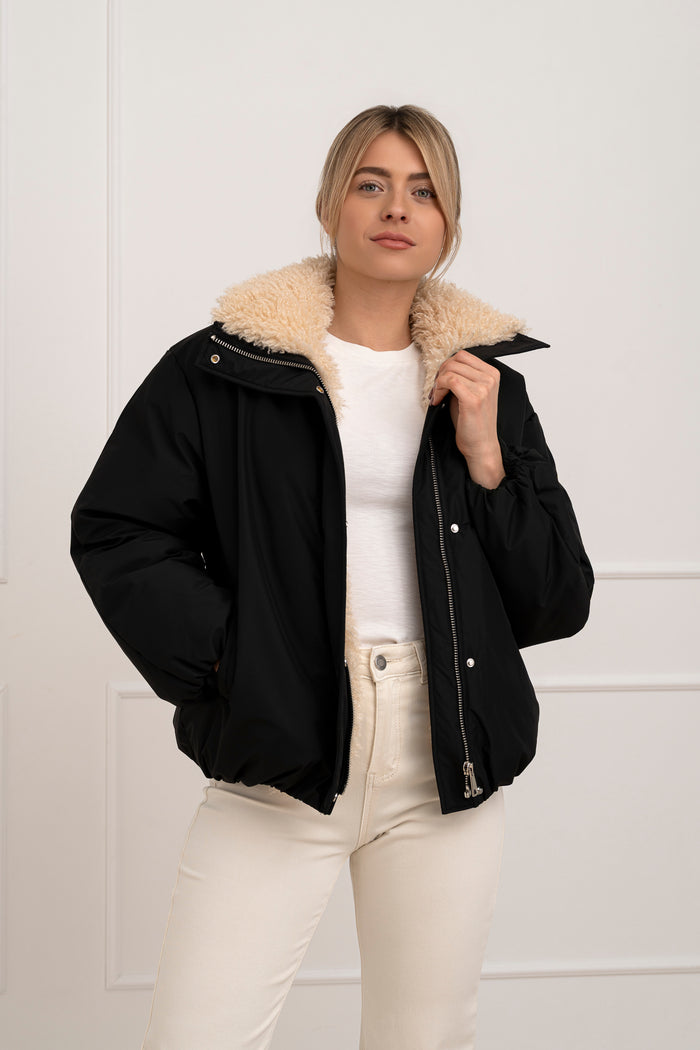 Moteriška striukė su teddy kailiu BILLY Juoda/Kreminė