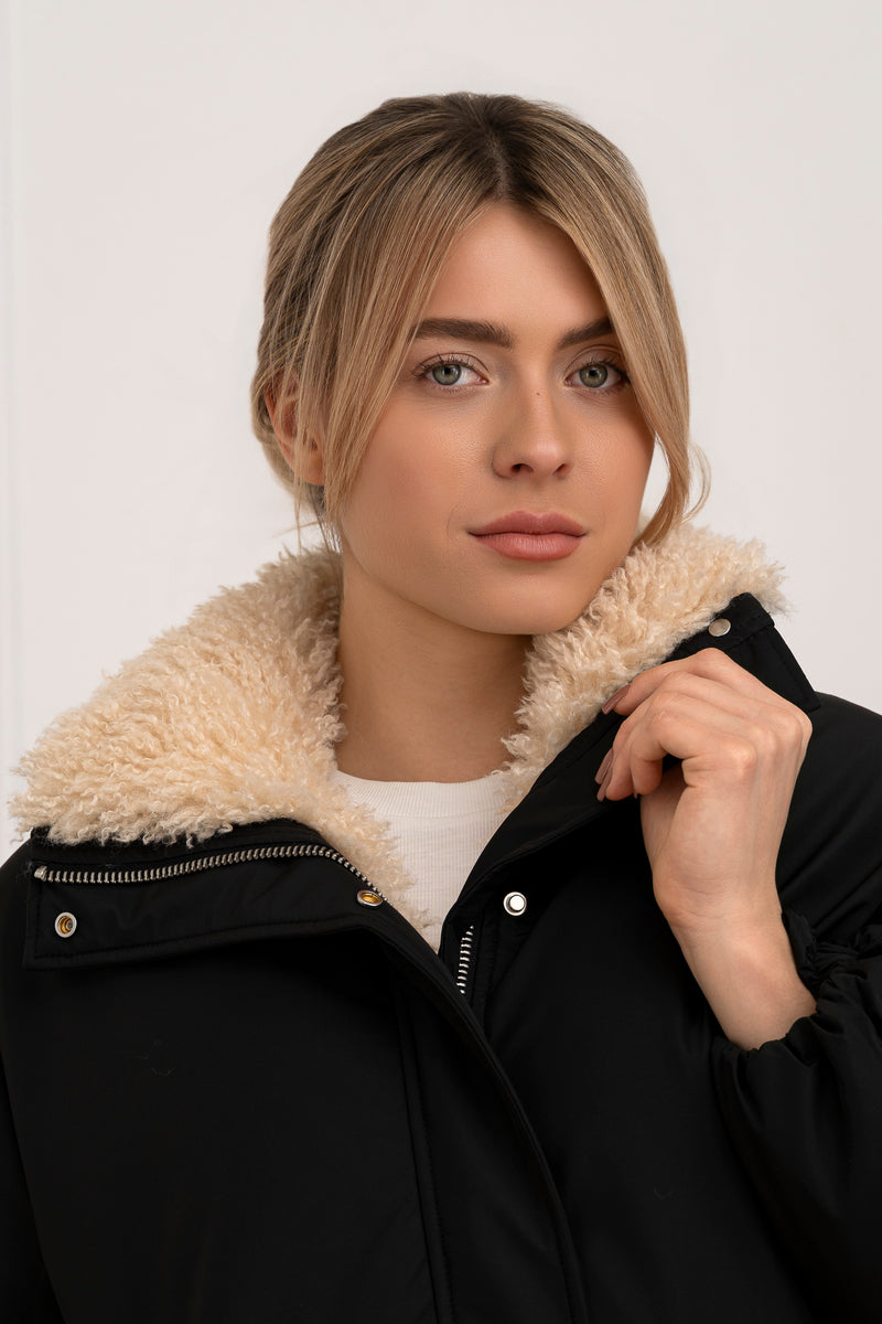 Moteriška striukė su teddy kailiu BILLY Juoda/Kreminė