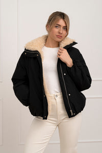 Moteriška striukė su teddy kailiu BILLY Juoda/Kreminė