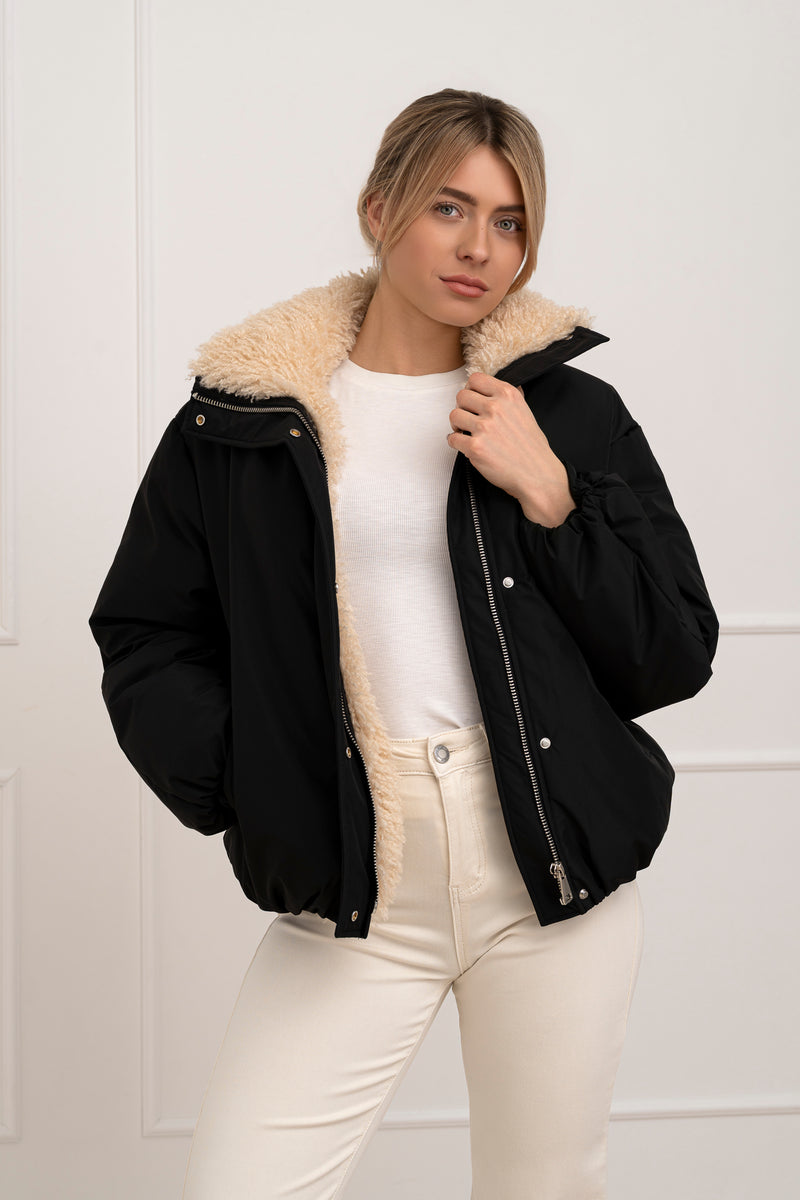 Moteriška striukė su teddy kailiu BILLY Juoda/Kreminė