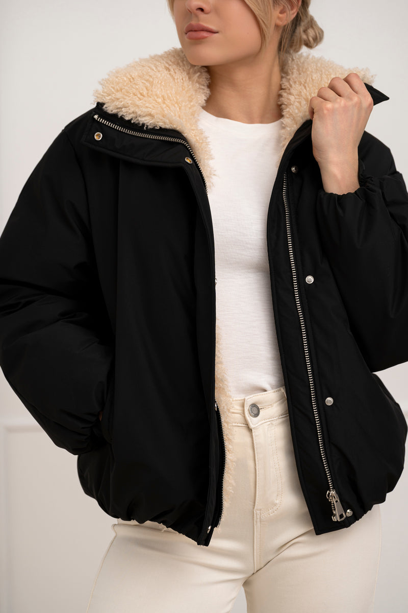 Moteriška striukė su teddy kailiu BILLY Juoda/Kreminė