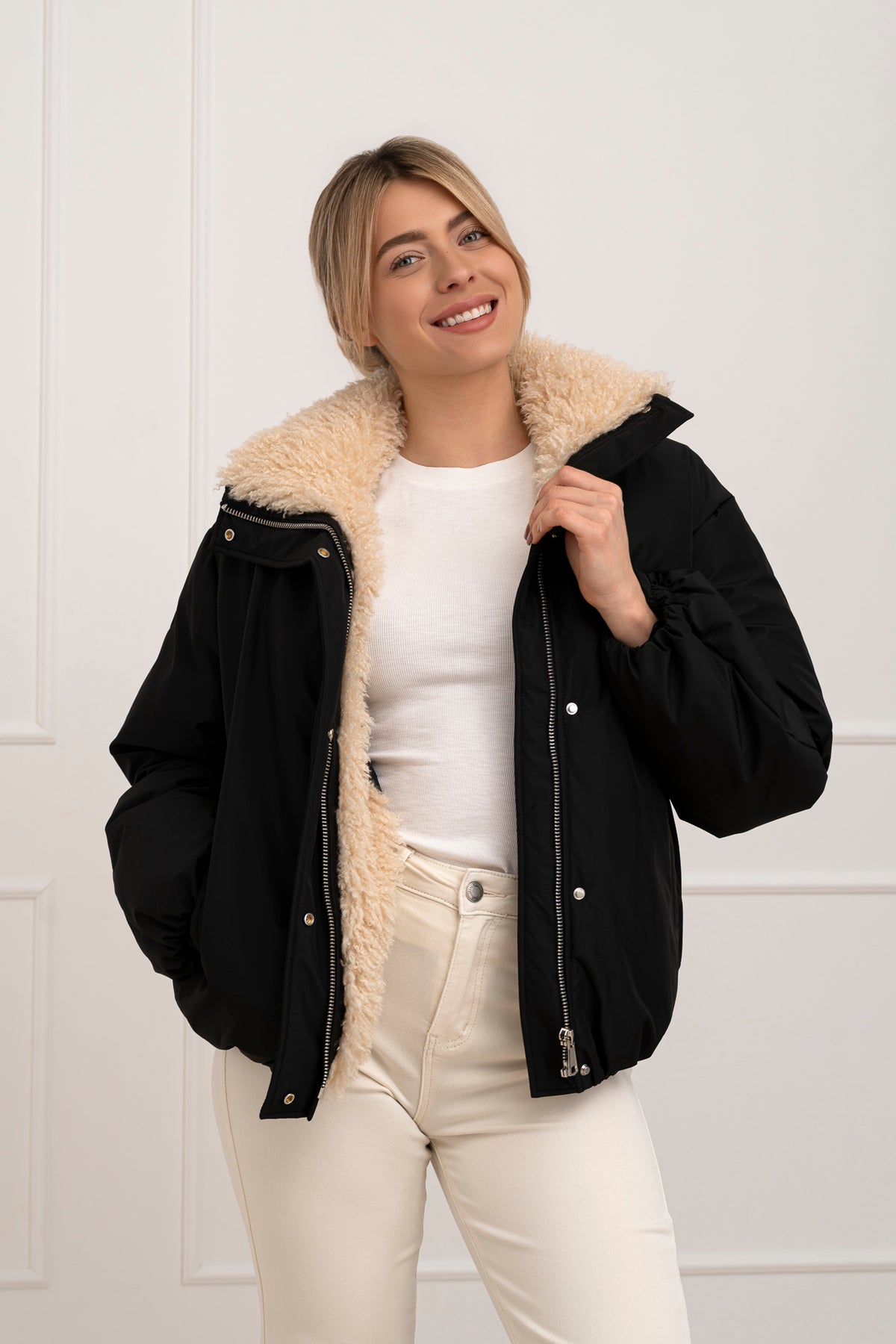 Moteriška striukė su teddy kailiu BILLY Juoda/Kreminė